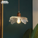 Lotus pendant light in walnut, brass and vintage glass