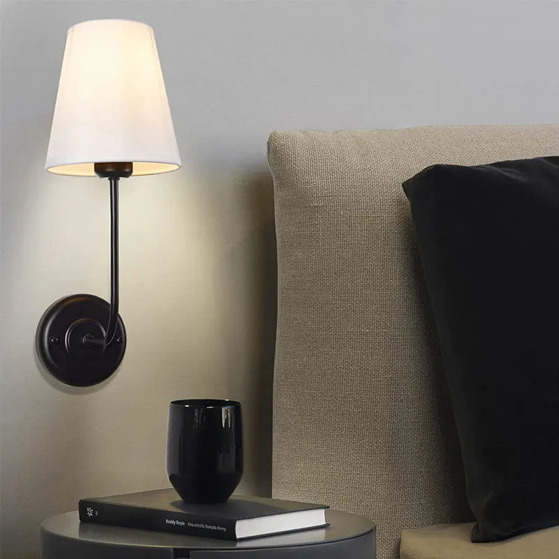 Vintage double wall light with 2 lights, flared funnel and beige linen fabric shade - vue 6 sur 6