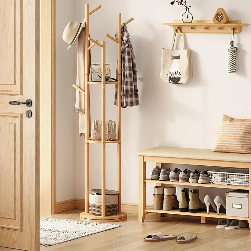 rotating wooden coat rack with shelves and practical hooks
