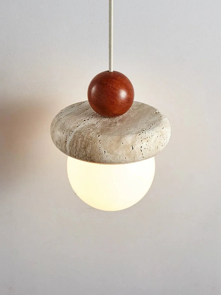 Cream style LED pendant light for bedroom, bedside, medieval Memphis children's room, suspended cable, small stone and wood accent
