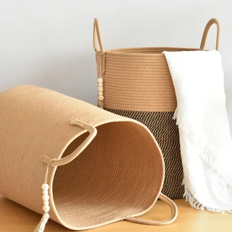 large woven laundry basket with cotton handles foldable