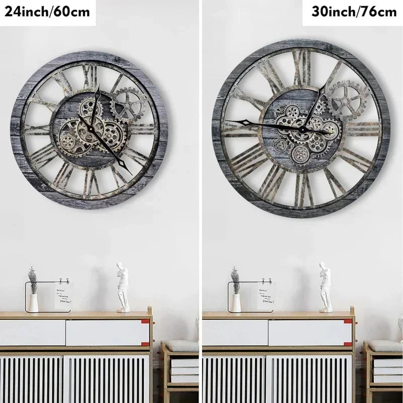 retro style wooden wall clock with moving gears decorative