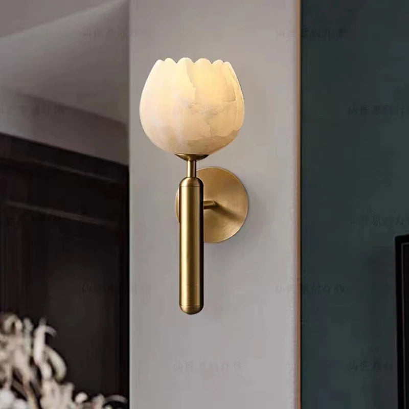 Art deco natural marble flower wall lamp with brass finish