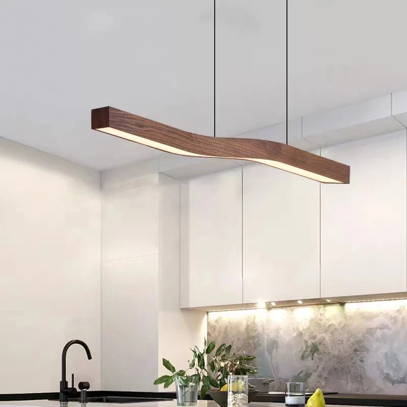 Retro walnut wood chandelier with long strip for loft