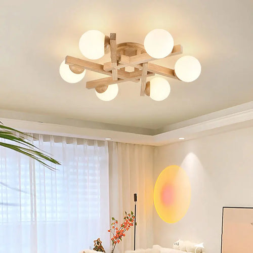 Nordic style wooden and milky glass ceiling light for interior decoration - vue 3 sur 13