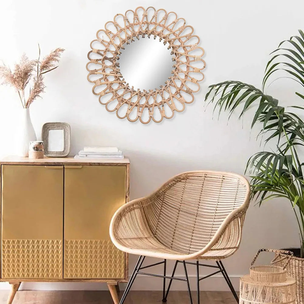 decorative woven rattan wall mirror handcrafted for home
