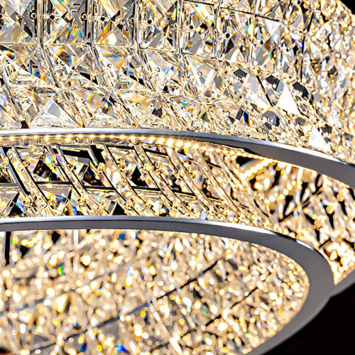 Modern clear crystal chandelier in stainless steel with dimmable light and adjustable cord - vue 6 sur 9