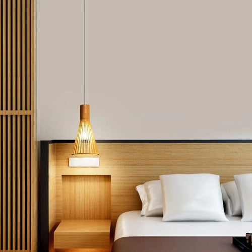 Wabi-sabi wood chandelier with suspended LED lighting - vue 3 sur 8