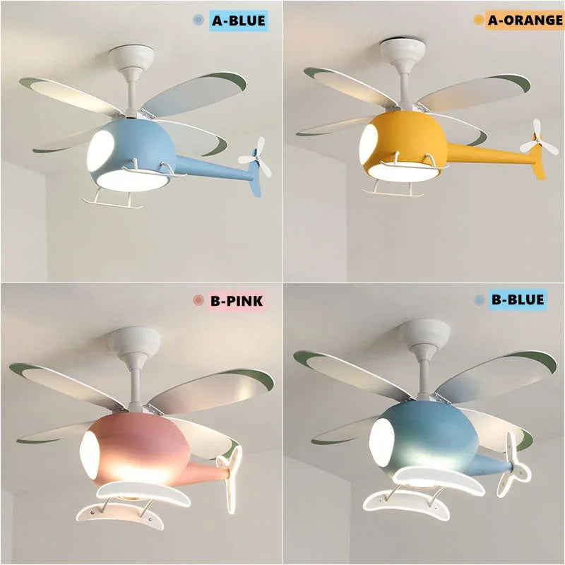 Modern airplane ceiling fan with LED light and remote control - vue 5 sur 12