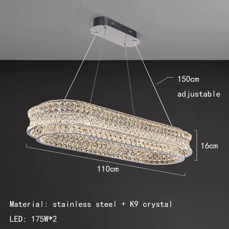 Modern clear crystal chandelier in stainless steel with dimmable light and adjustable cord - vue 9 sur 9