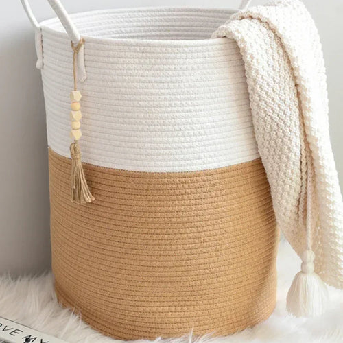 large woven laundry basket with cotton handles foldable - vue 5 sur 10