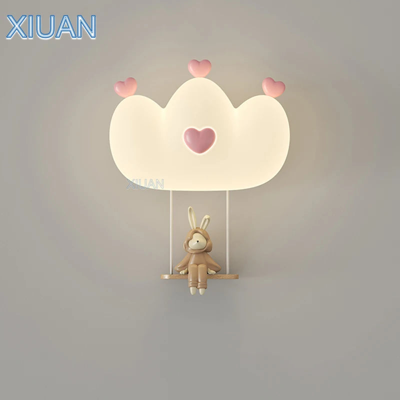 Pink crown wall light for girls with animal night lamp