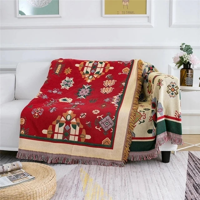 Bohemian knitted throw with world map design