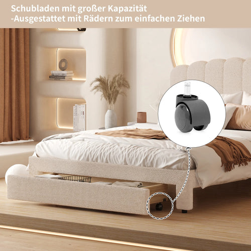 Bubble Bed, Double Bed, Teddy Velvet Fabric, with USB &amp; LED, Drawer Bed, with Storage Space, Beige, 140x200 cm - vue 4 sur 6