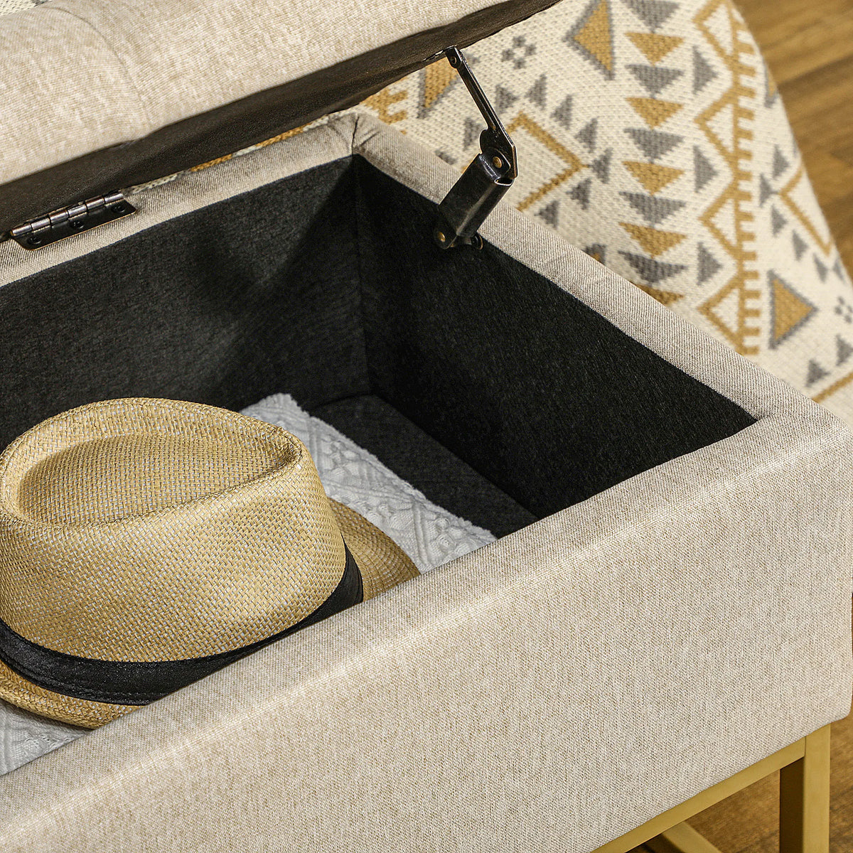 linen upholstered storage bench with practical and elegant folding cover - vue 4 sur 6