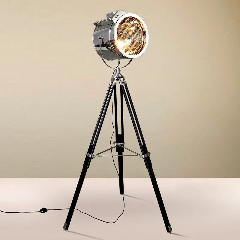 Retro industrial wooden tripod floor lamp silver and gold creative