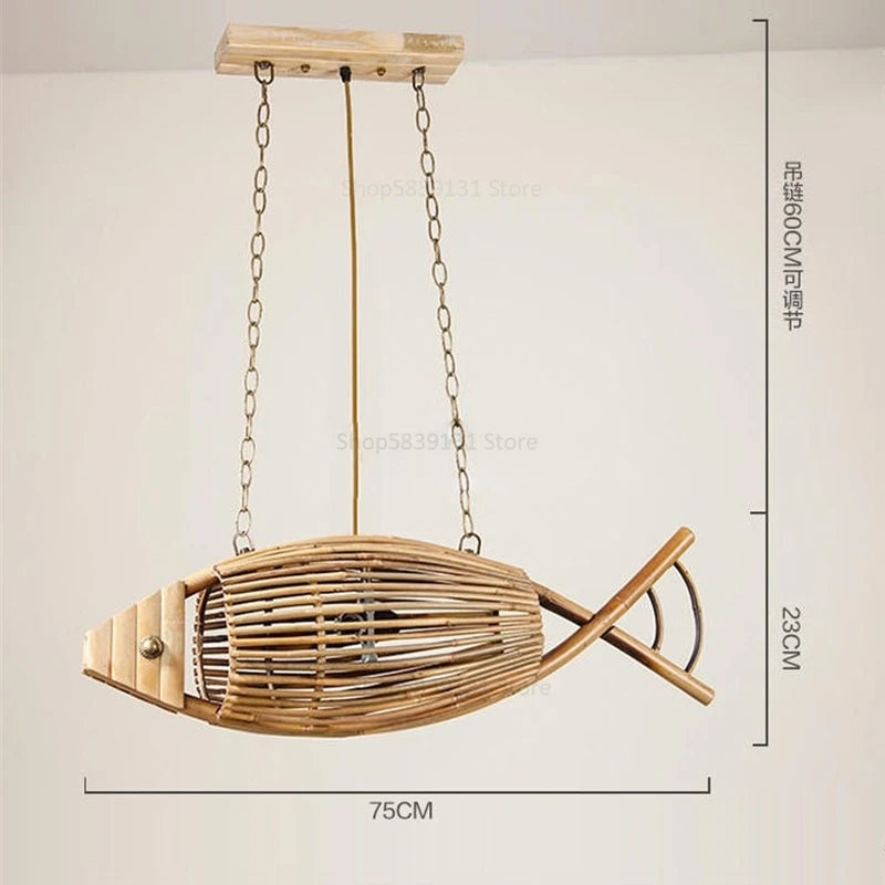 Retro decorative woven bamboo fish wall light for café and hotel