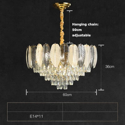 Art deco inspired LED crystal chandelier with white and grey feathers - vue 12 sur 17