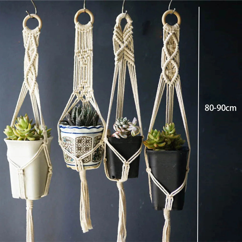 set of 5 handmade bohemian style macrame plant hangers - vue 5 sur 5