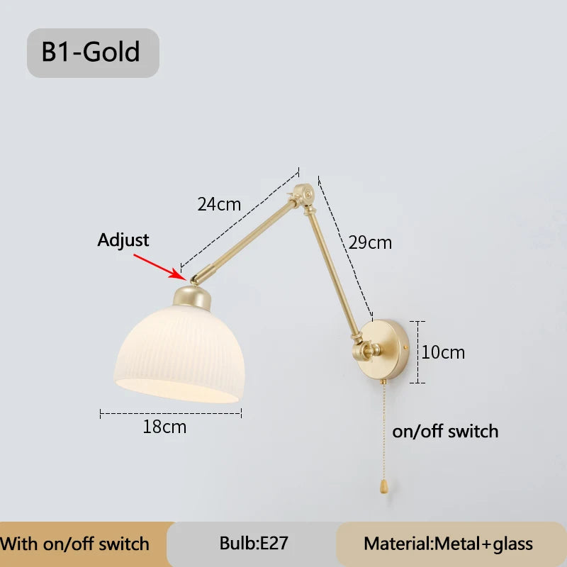 Vintage wall light with long foldable arm and switch