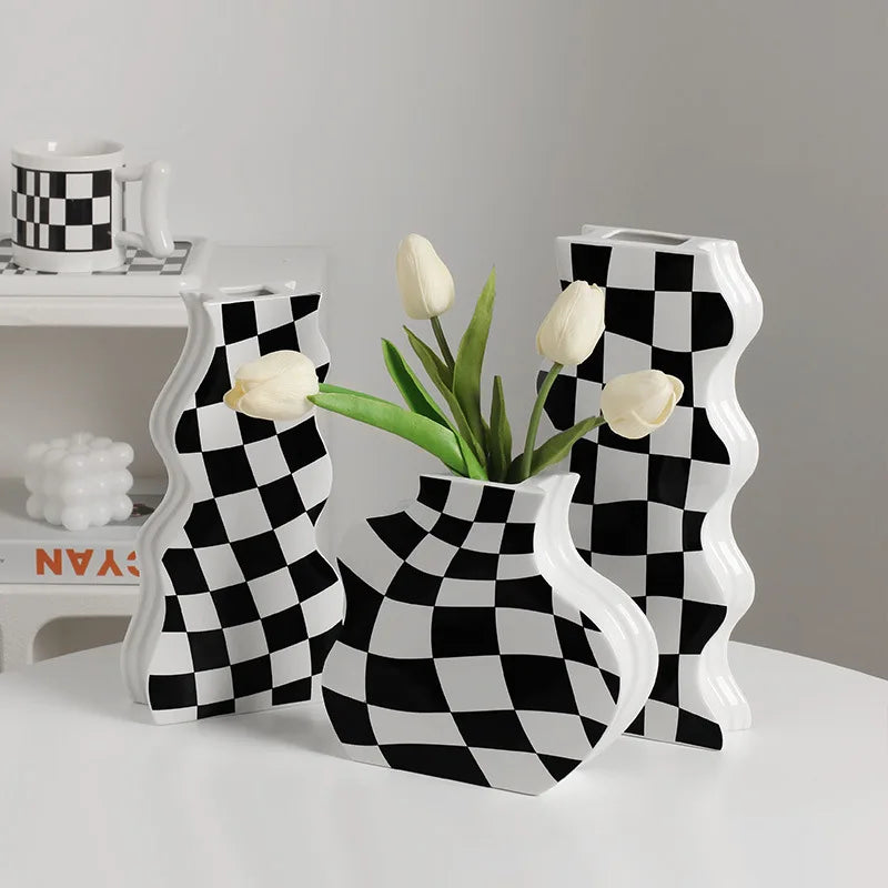 ceramic checkerboard vase for dried flowers elegant decoration