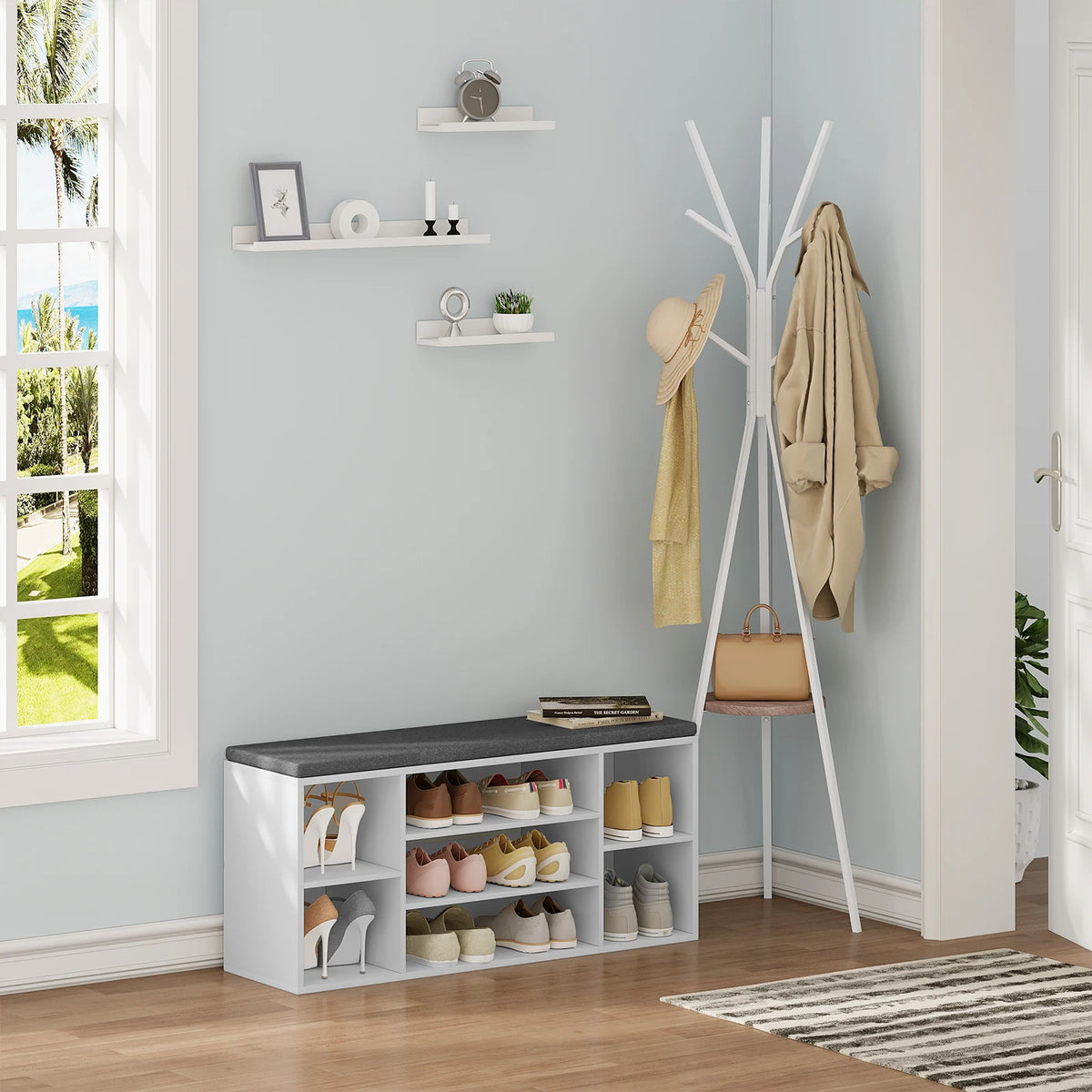 shoe storage bench with cushion and practical compartments - vue 6 sur 6