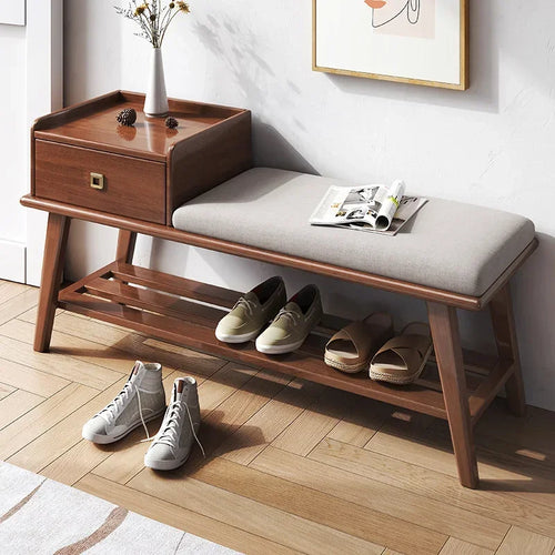 wooden shoe cabinet with drawers and built-in bench - vue 3 sur 7