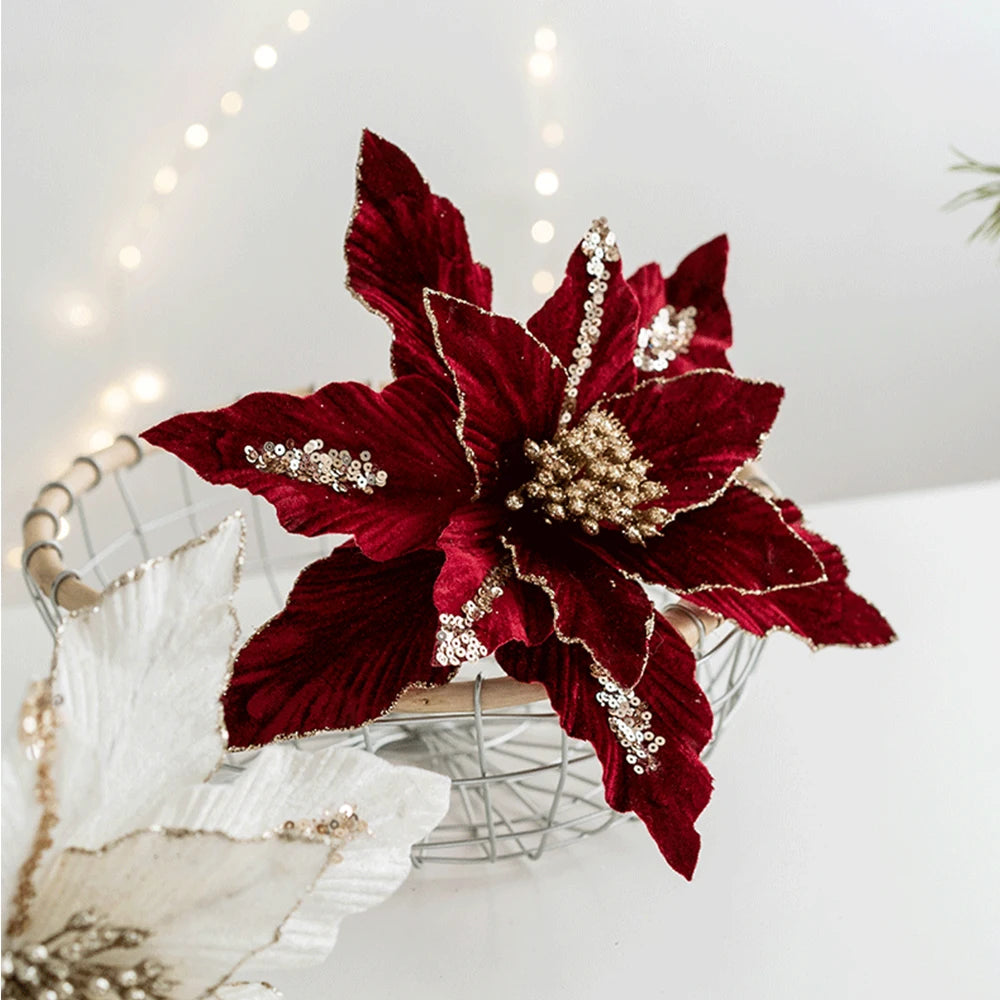Artificial Christmas flower in glitter velvet festive decoration for home