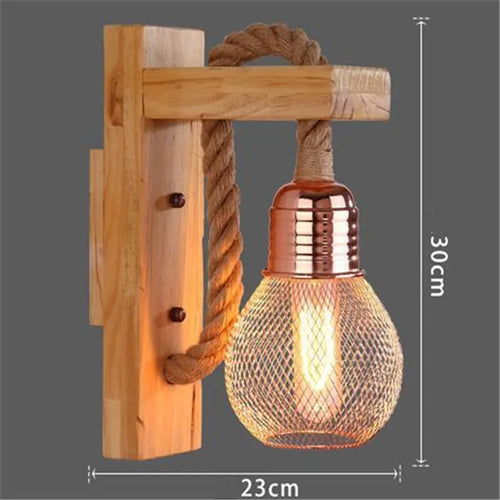 Vintage industrial loft wooden wall light with hemp rope - vue 11 sur 17