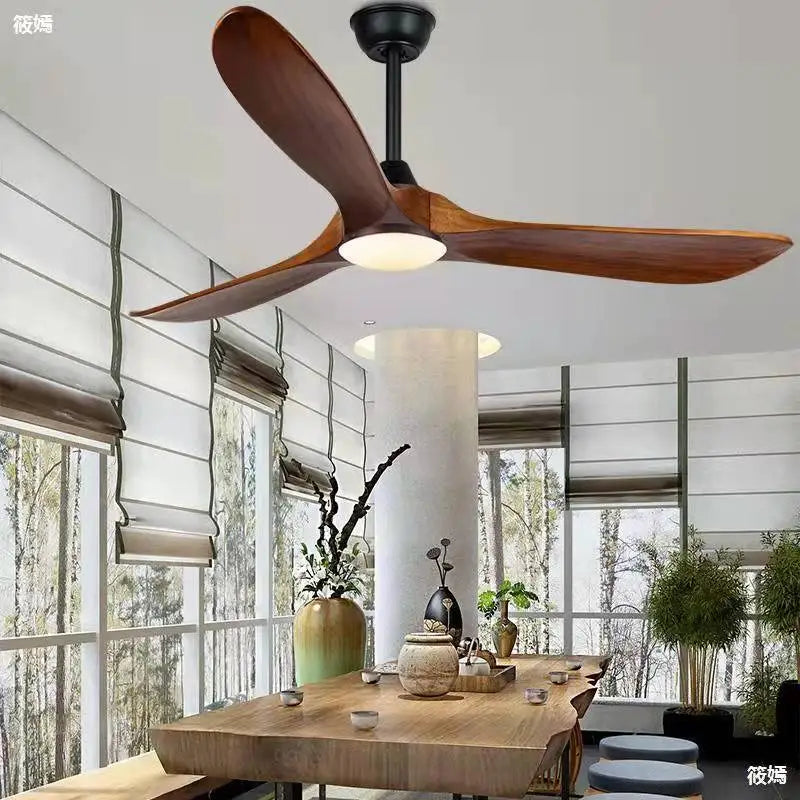 Solid wood ceiling fan light with remote control and six adjustable speeds