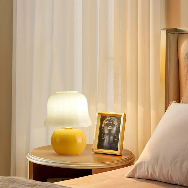 Handmade glass mushroom bedside lamp for a warm home atmosphere