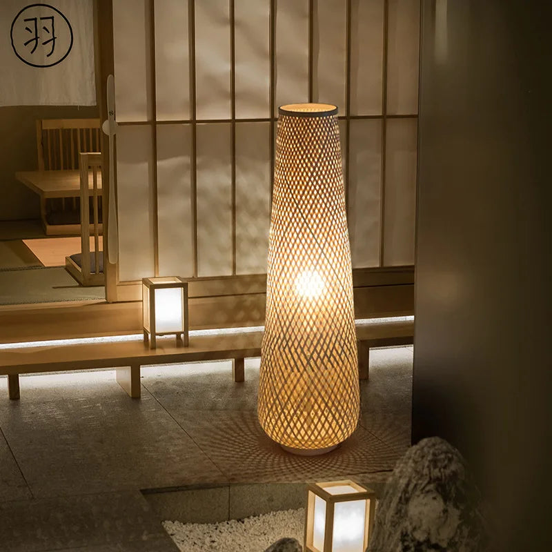 Cylindrical bamboo and wicker floor lamp with retro wooden weave