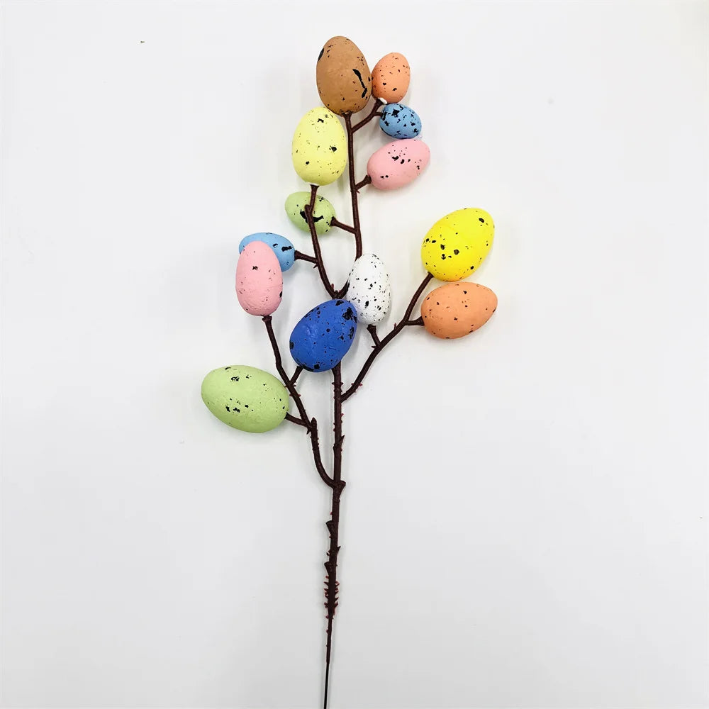 Easter foam decoration with colourful eggs and artificial plant for the home