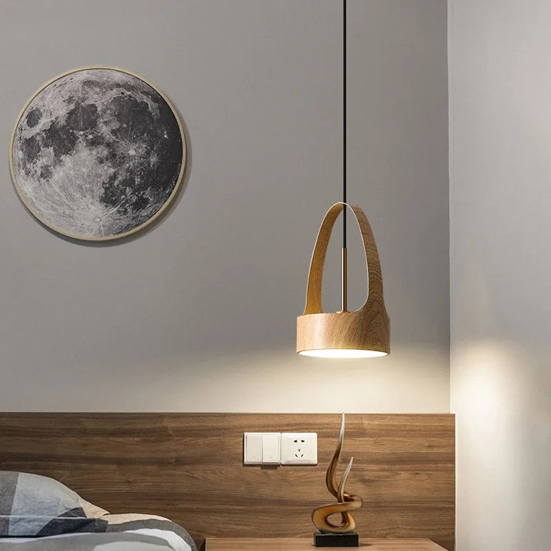 Modern Nordic style LED pendant light with wood grain effect