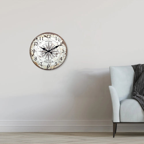 retro compass pattern wooden wall clock silent decoration - vue 3 sur 7