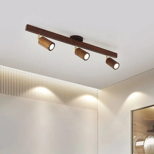Wood grain LED ceiling chandelier with spotlights for living room, bedroom or kitchen - vue 3 sur 16