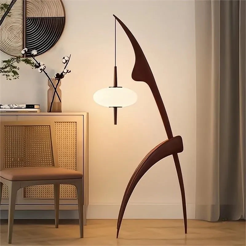 designer floor lamp in walnut wood with hanging lamp