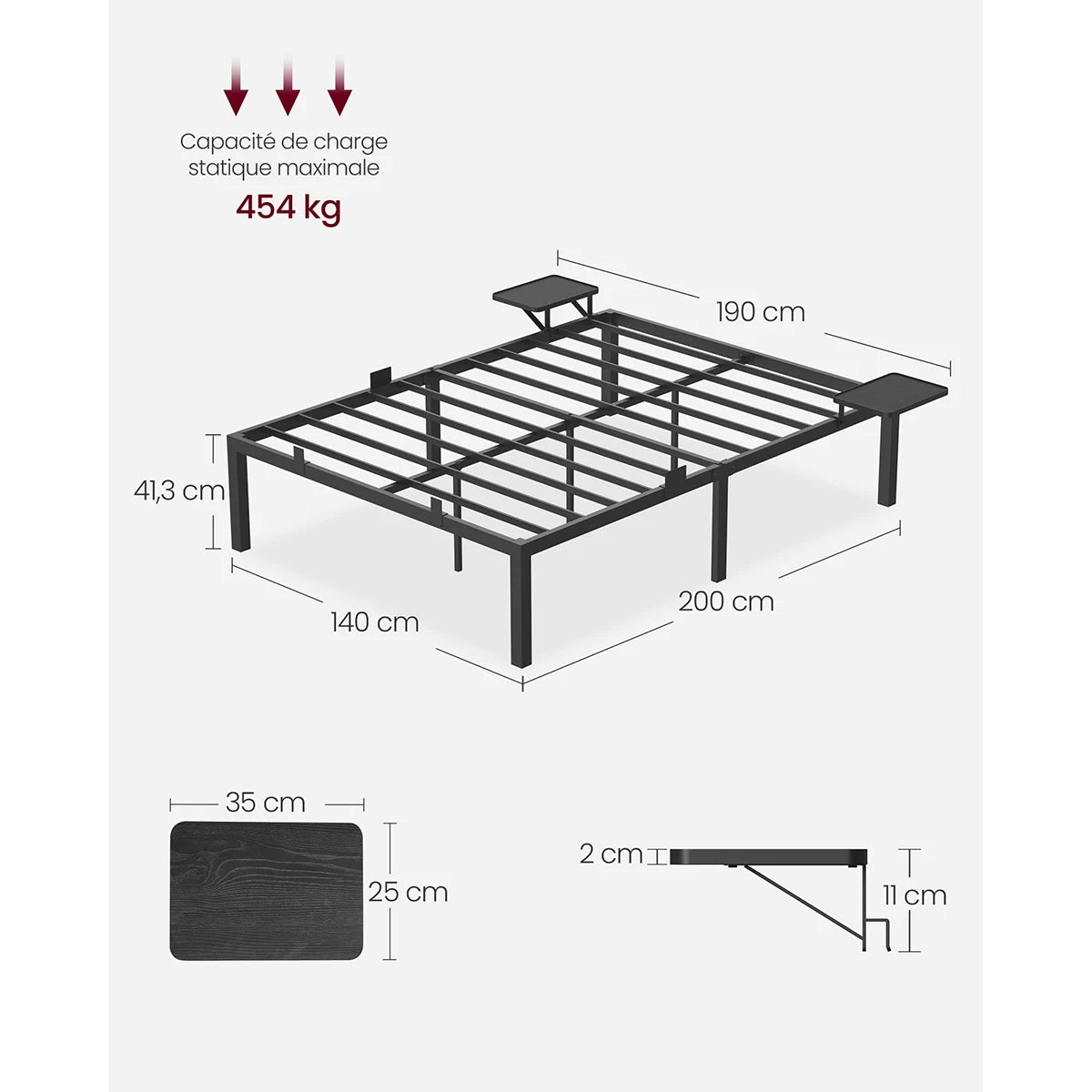 VASAGLE Double Bed Frame, Metal Bed Frame, with Bedside Shelves, Guest Bed Frame, for 140 x 200 cm Mattresses, Easy Assembly - vue 5 sur 7