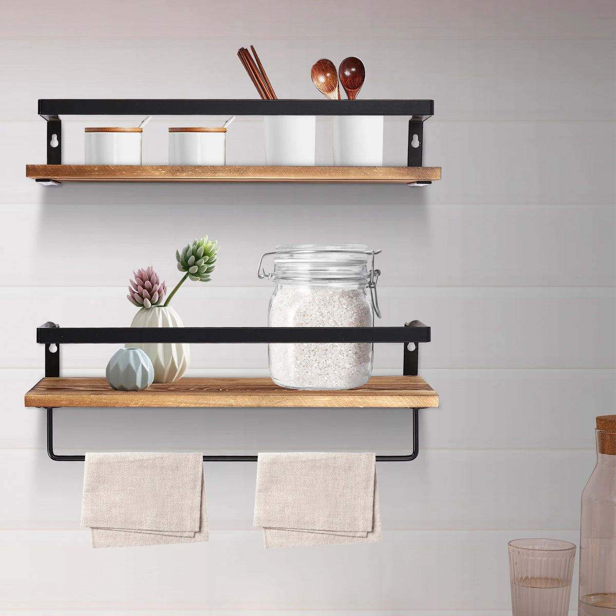 wooden wall shelf with two-tier towel bar - vue 3 sur 7