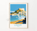 Retro travel art print of Santorini castle and island wall decor