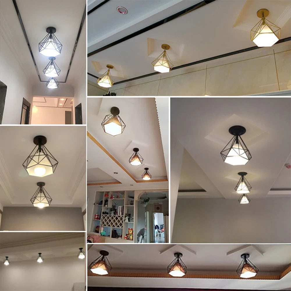 Retro industrial LED ceiling light with metal cage vintage fixture - vue 10 sur 12