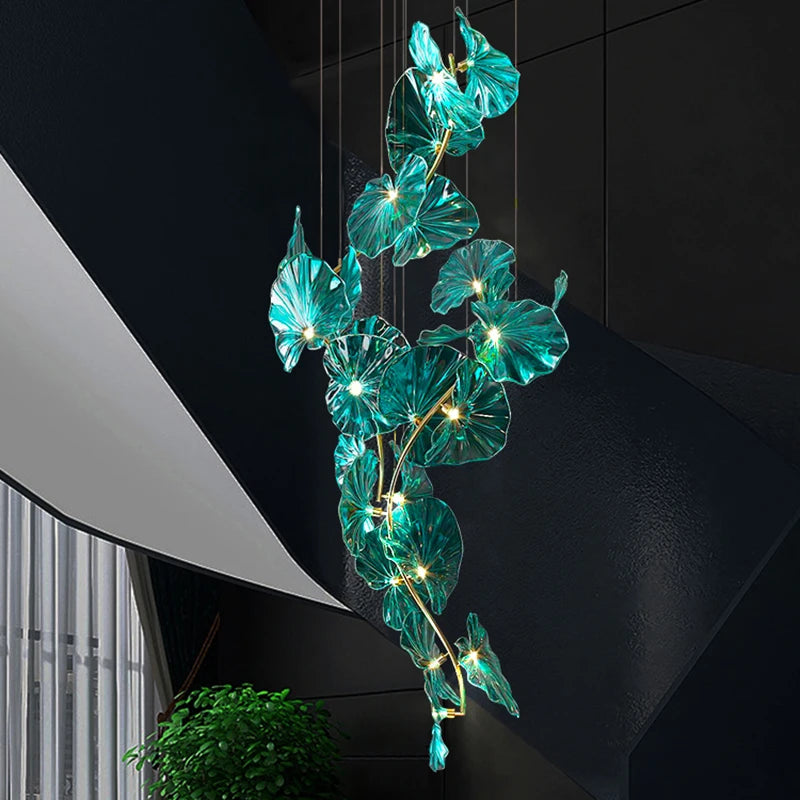 Artistic chandelier with suspended glass leaves LED for hotel - vue 5 sur 13
