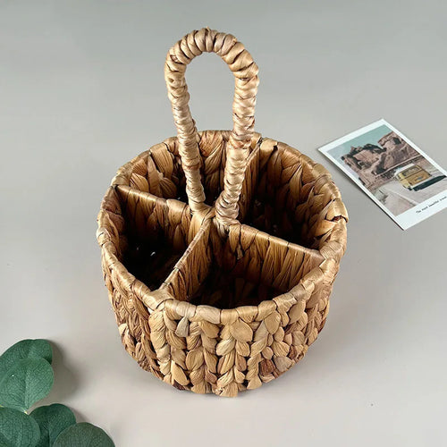 Wicker Flatware Organizer, Hand Woven Water Hyacinth Cutlery Holder for Countertop with Handle - vue 6 sur 6