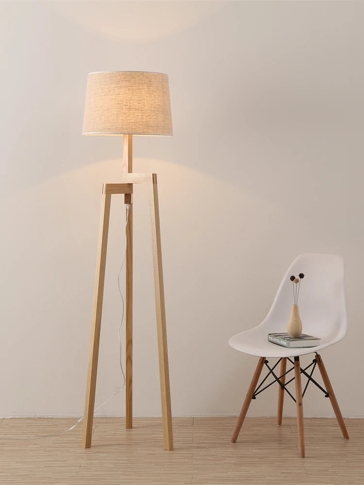 Vintage wooden tripod floor lamp for living room, study, bedroom or bedside with LED lighting