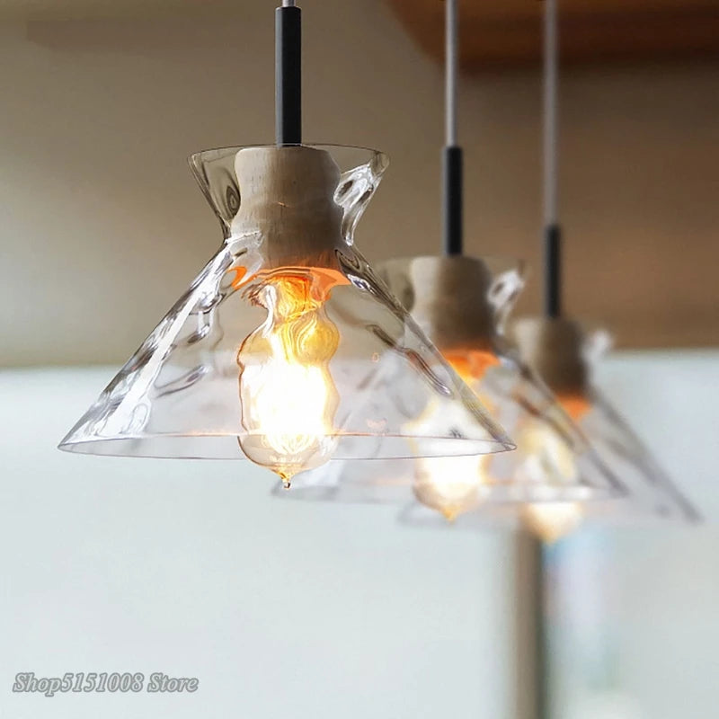 Japanese style LED pendant lamp in wood and glass, decorative lighting - vue 4 sur 9