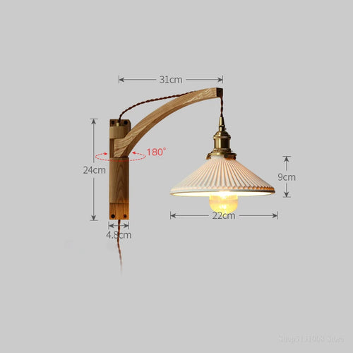 Japanese wooden wall light with retro ceramic lampshade