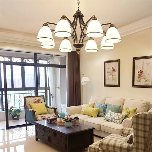 Vintage iron and bronze chandelier with glass shade, loft style - vue 6 sur 14
