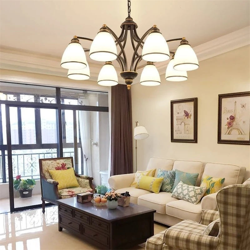 Vintage iron and bronze chandelier with glass shade, loft style - vue 5 sur 14
