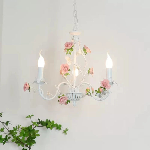 Wrought iron chandelier with romantic rose floral decoration - vue 5 sur 11