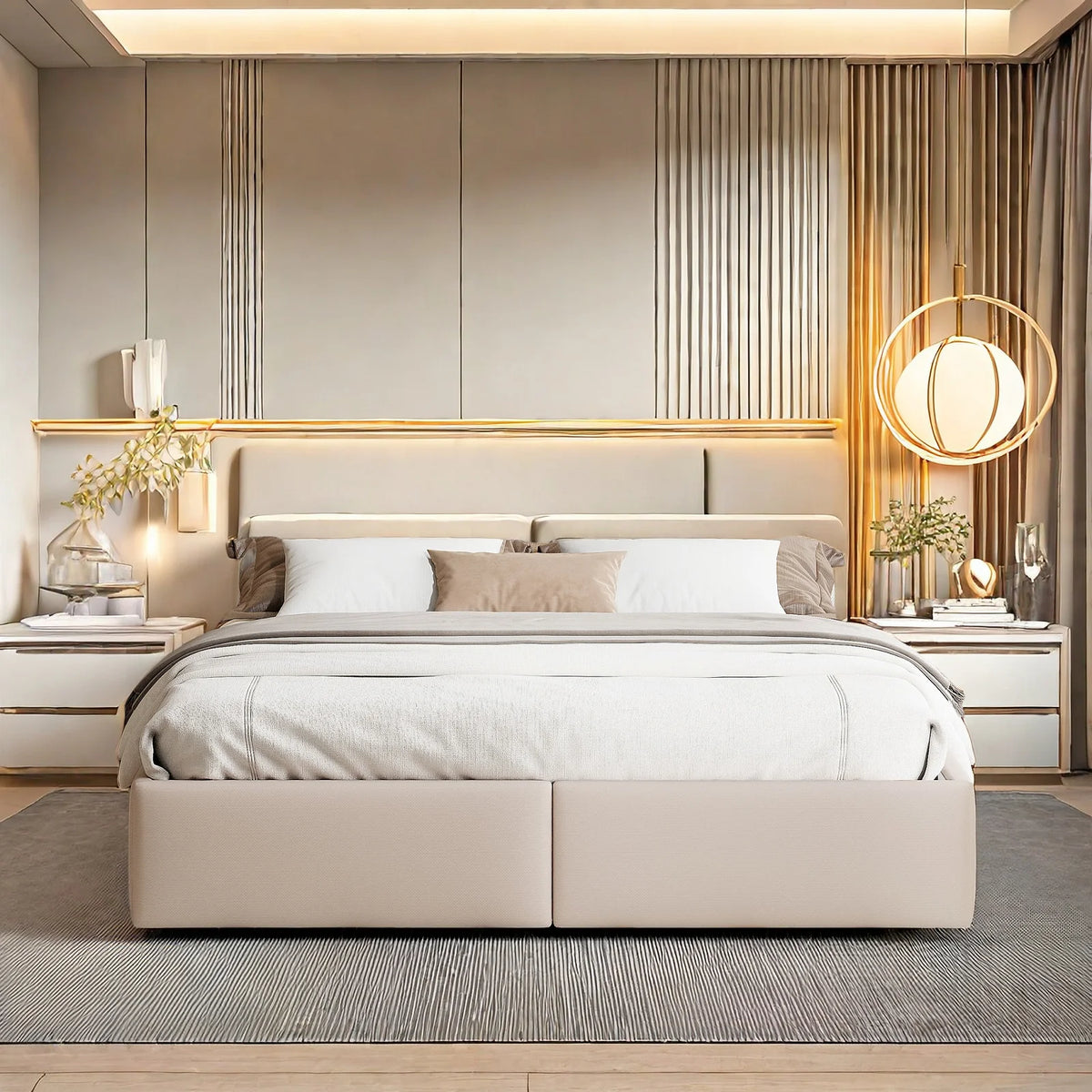 Upholstered Bed, Linen Fabric, without Headboard, Storage Bed, with Slatted Frame and 2 Storage Drawers, Beige, 140 x 200 cm - vue 1 sur 8